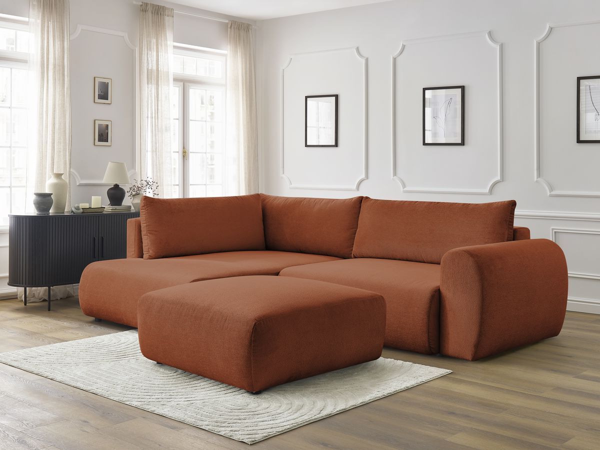Canapé d'angle L convertible coffre LUCIEN tissu lisse avec pouf