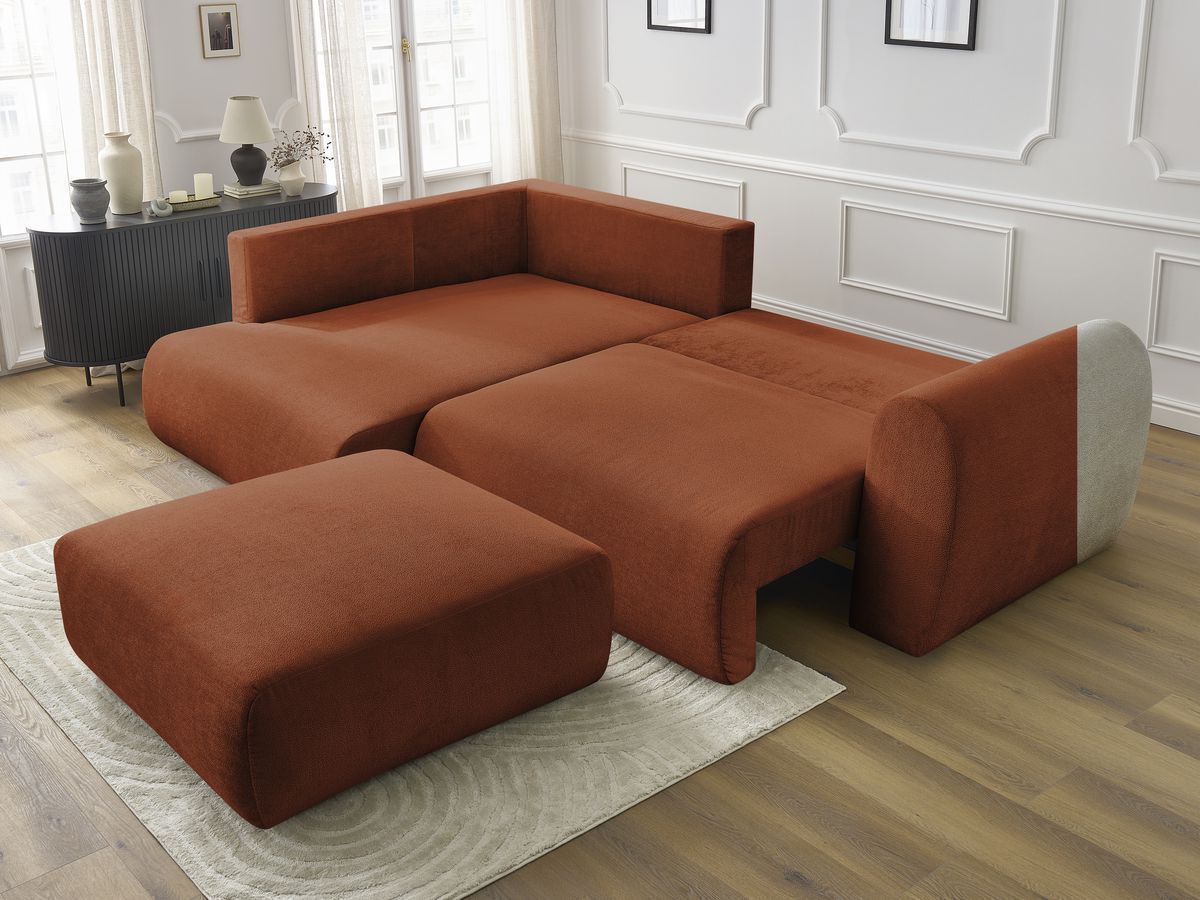 Canapé d'angle L convertible coffre LUCIEN tissu lisse avec pouf