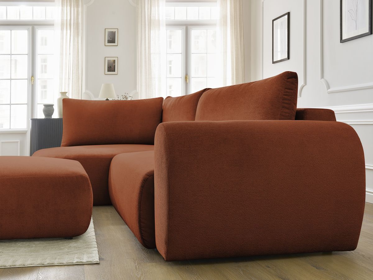 Canapé d'angle L convertible coffre LUCIEN tissu lisse avec pouf