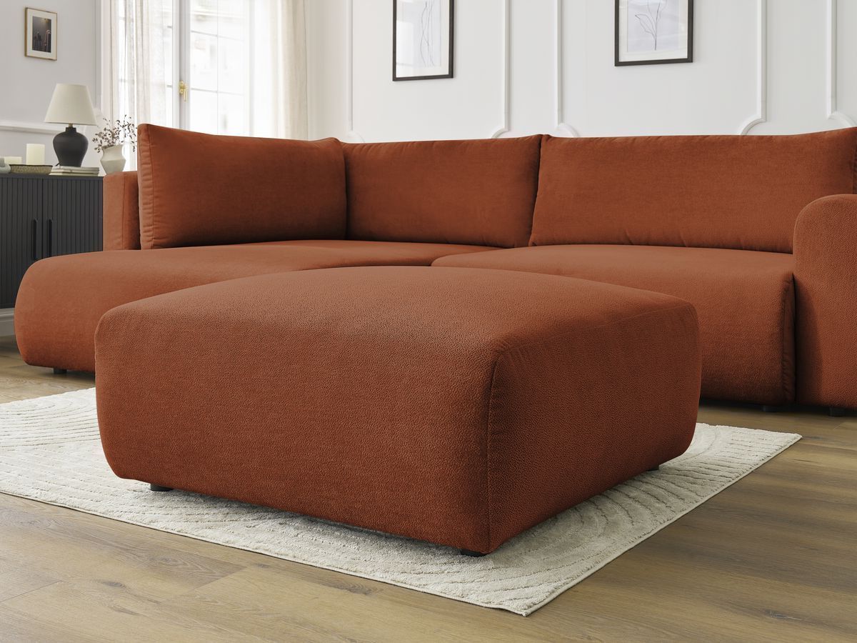 Canapé d'angle L convertible coffre LUCIEN tissu lisse avec pouf