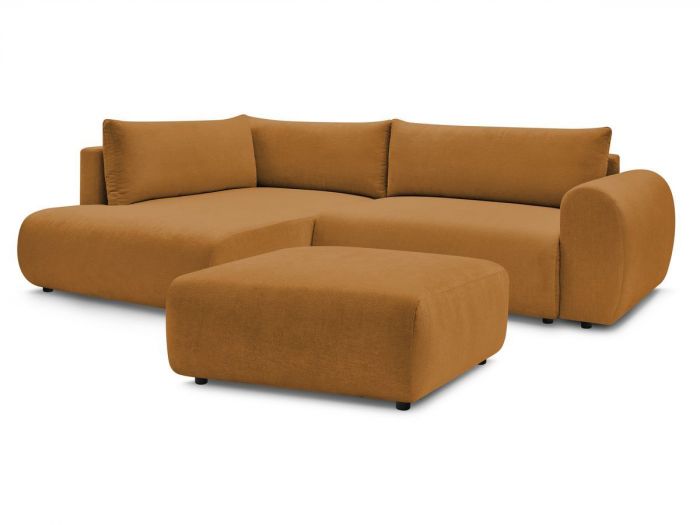 Canapé d'angle L convertible coffre LUCIEN tissu lisse avec pouf