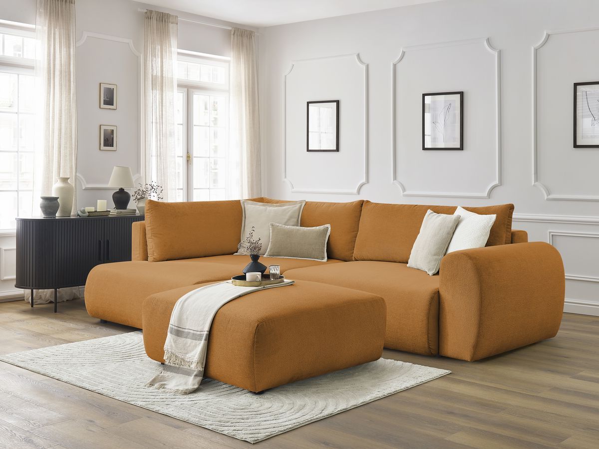 Canapé d'angle fixe EVEREST tissu chiné - Orange - Angle droit - 10 coussins