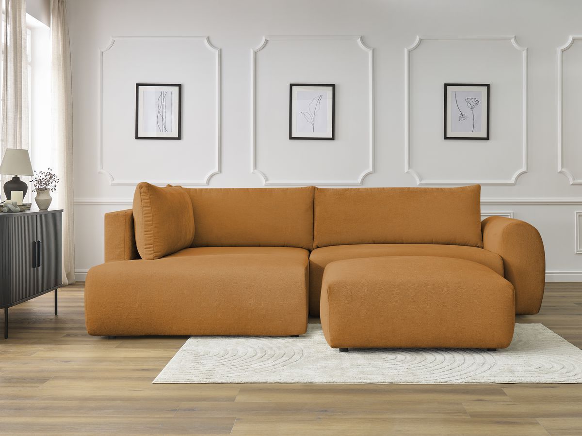 Canapé d'angle L convertible coffre LUCIEN tissu lisse avec pouf jaune angle gauche BOBOCHIC 4 places - Vue supplémentaire 3