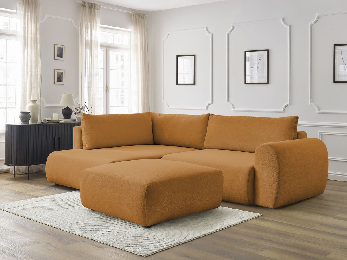 Canapé d'angle fixe EVEREST tissu chiné - Orange - Angle droit - 10 coussins