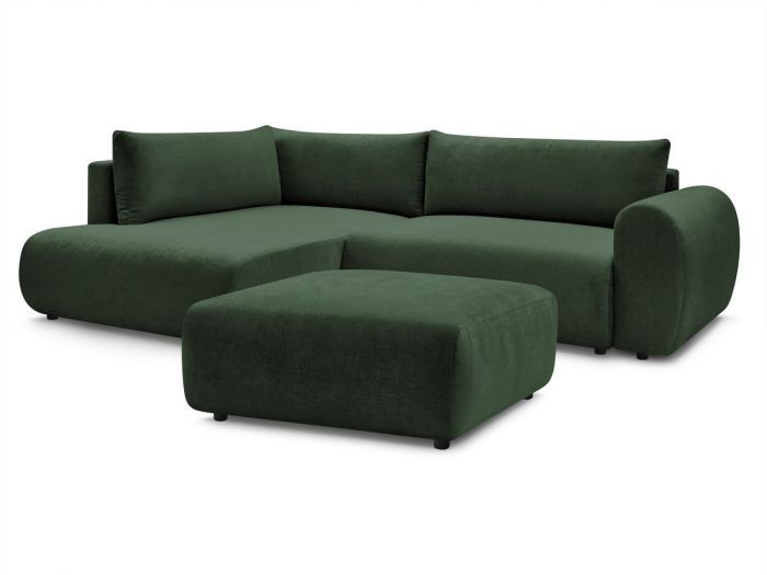 Canapé d'angle L convertible coffre LUCIEN tissu lisse avec pouf