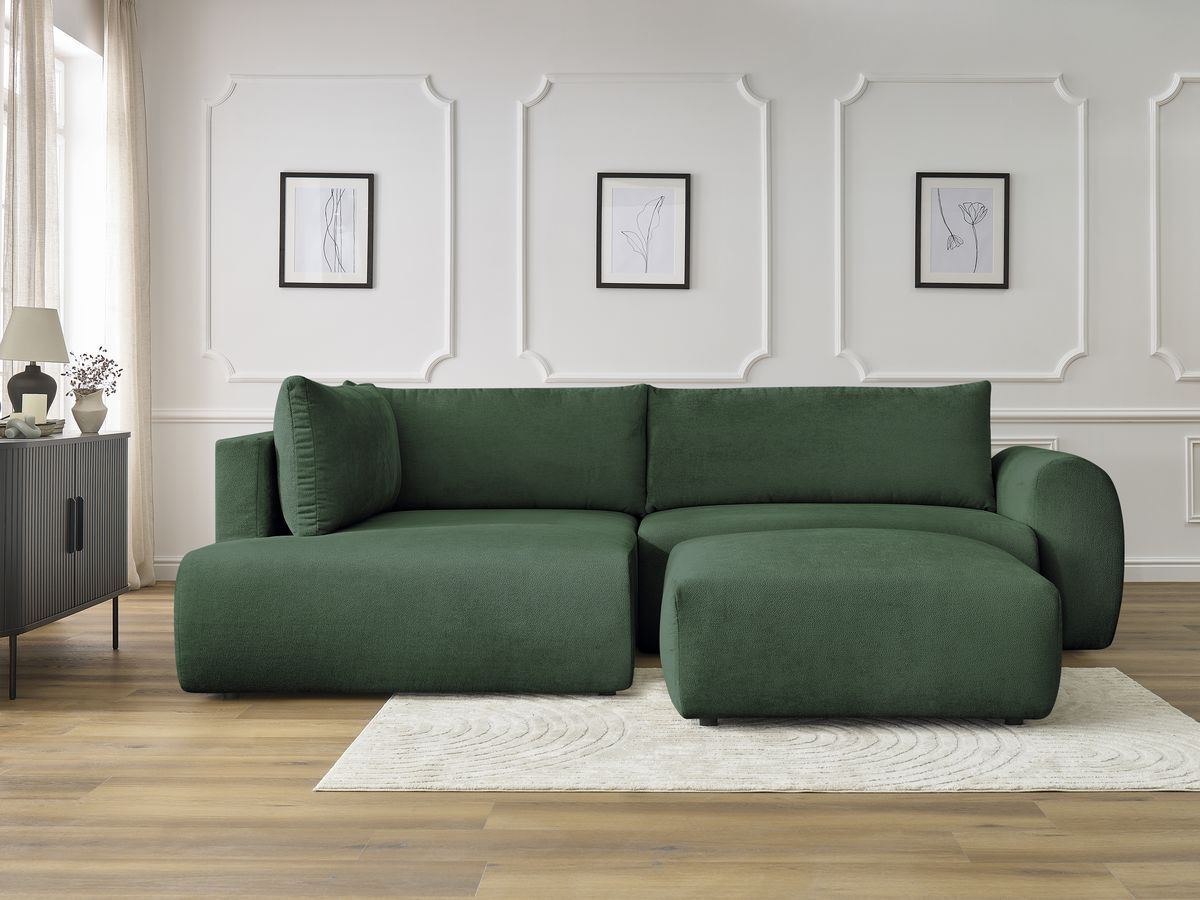 Canapé d'angle L convertible coffre LUCIEN tissu lisse avec pouf vert angle gauche BOBOCHIC 4 places - Vue supplémentaire 3