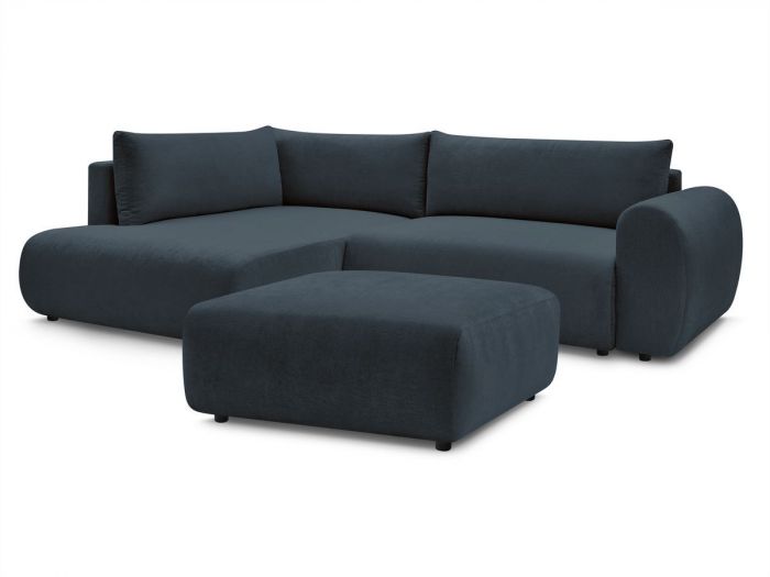 Canapé d'angle L convertible coffre LUCIEN tissu lisse avec pouf