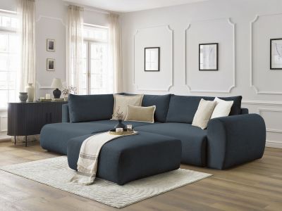 Canapé d'angle L convertible coffre LUCIEN tissu lisse avec pouf
