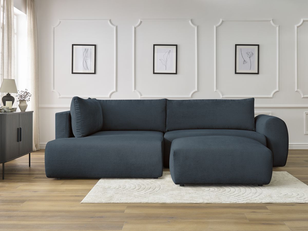 Canapé d'angle L convertible coffre LUCIEN tissu lisse avec pouf bleu foncé angle gauche BOBOCHIC 4 places - Vue supplémentaire 3