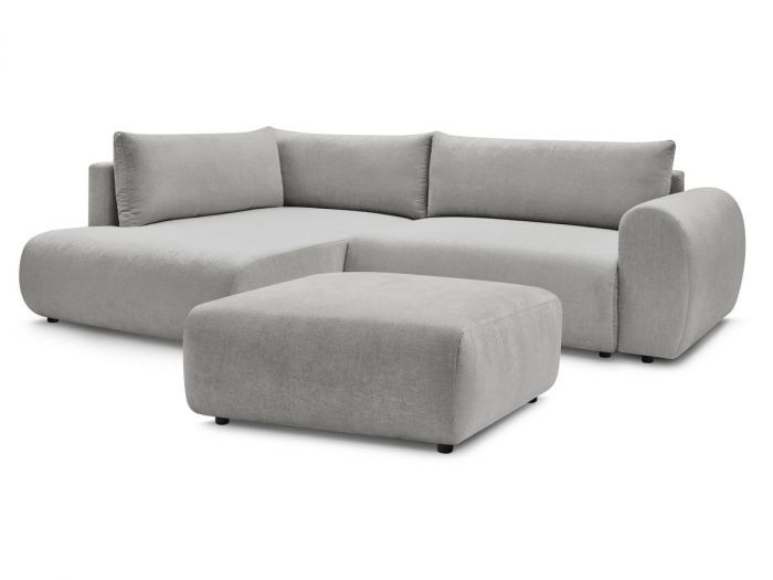 Canapé d'angle L convertible coffre LUCIEN tissu lisse avec pouf