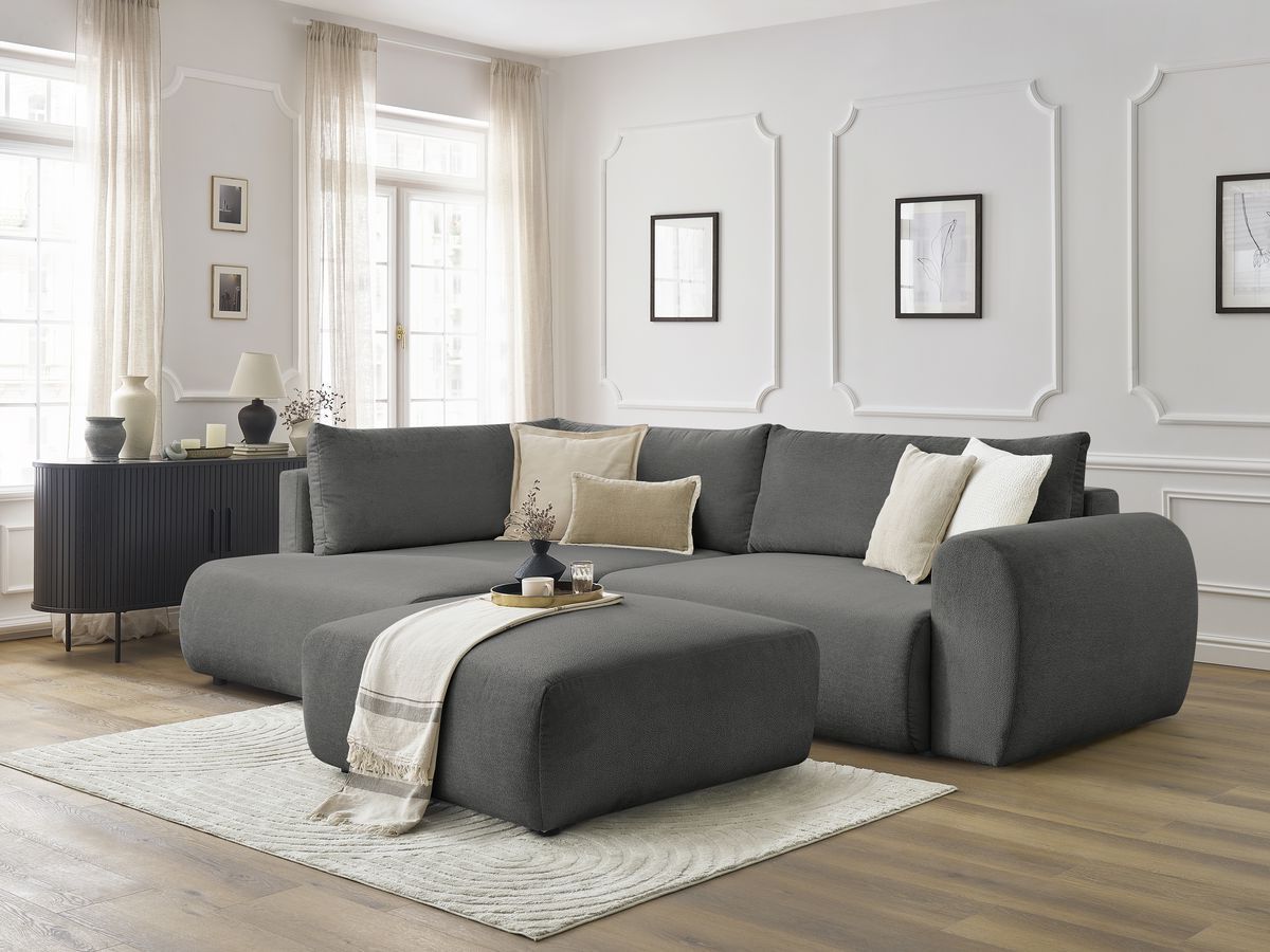Canapé d'angle L convertible coffre LUCIEN tissu lisse avec pouf