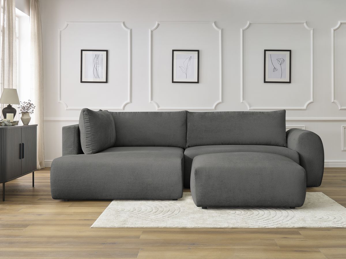 Canapé d'angle L convertible coffre LUCIEN tissu lisse avec pouf gris foncé angle gauche BOBOCHIC 4 places - Vue supplémentaire 3