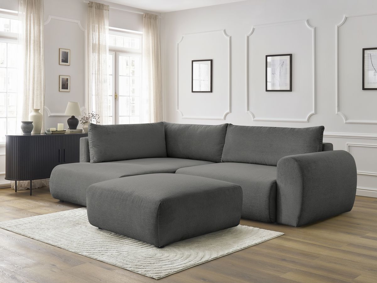 Canapé d'angle L convertible coffre LUCIEN tissu lisse avec pouf
