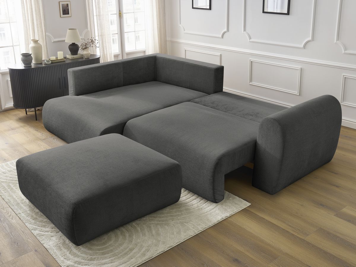 Canapé d'angle L convertible coffre LUCIEN tissu lisse avec pouf