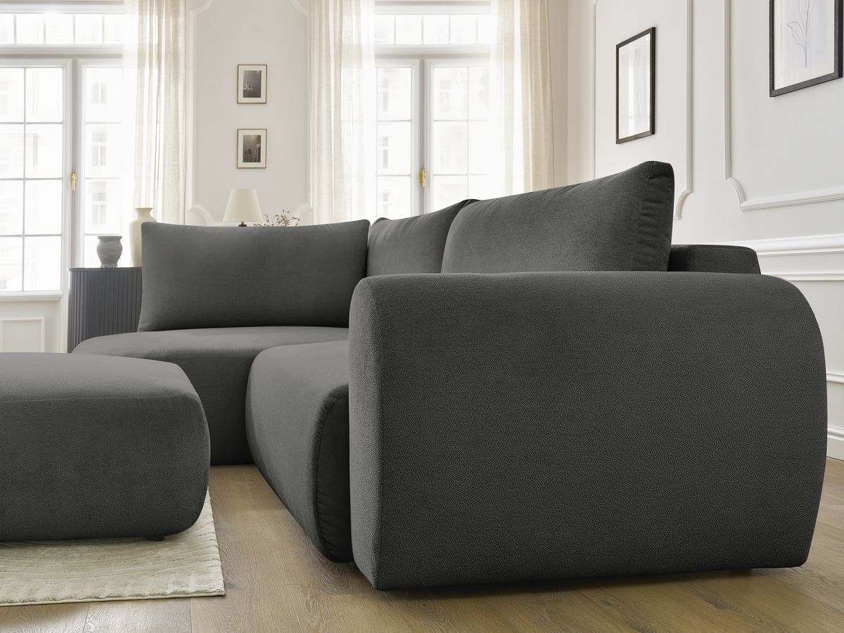 Canapé d'angle L convertible coffre LUCIEN tissu lisse avec pouf