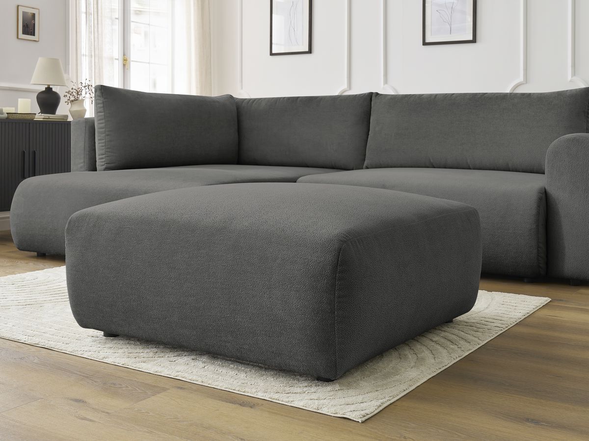 Canapé d'angle L convertible coffre LUCIEN tissu lisse avec pouf