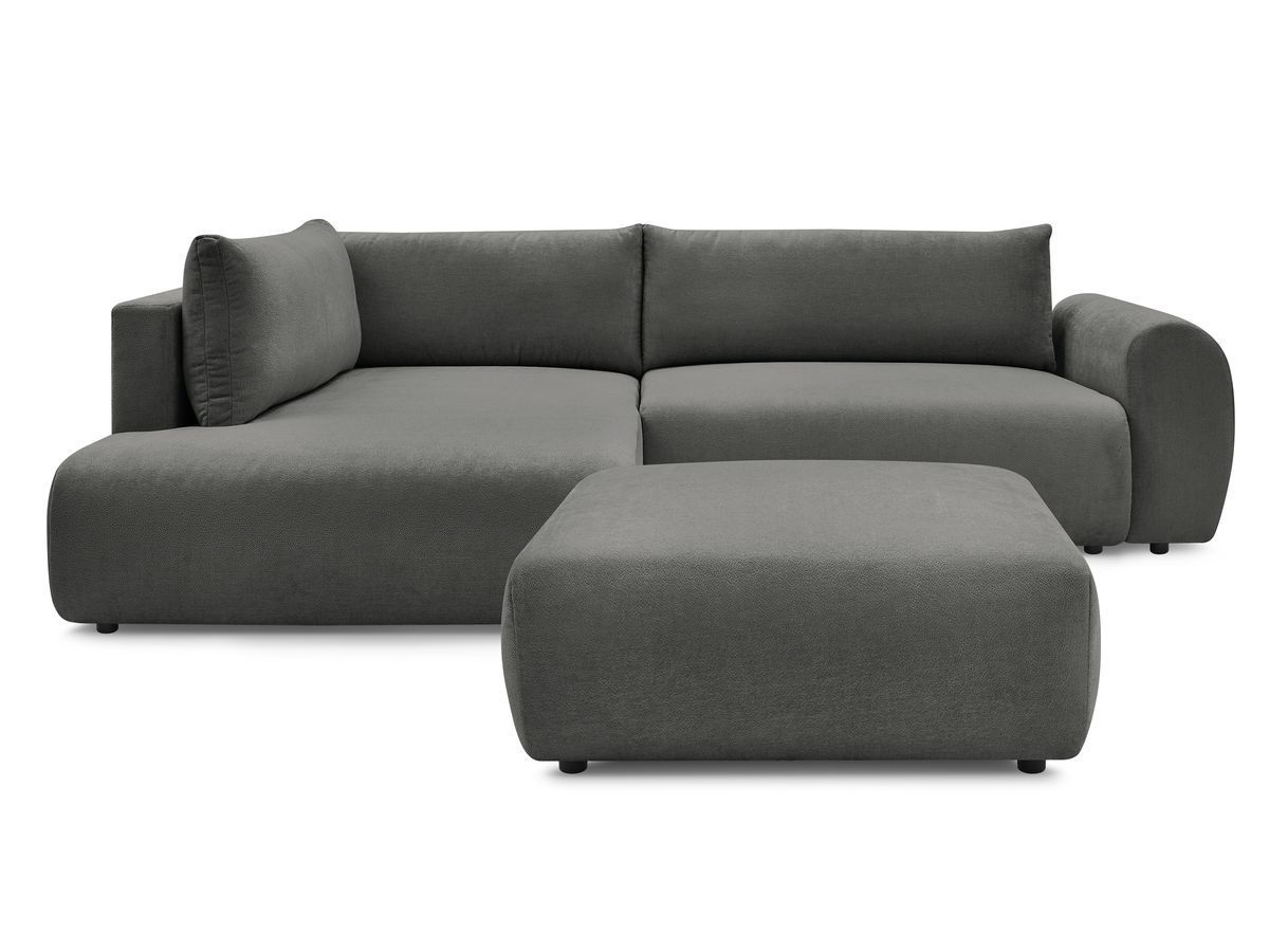Canapé d'angle L convertible coffre LUCIEN tissu lisse avec pouf