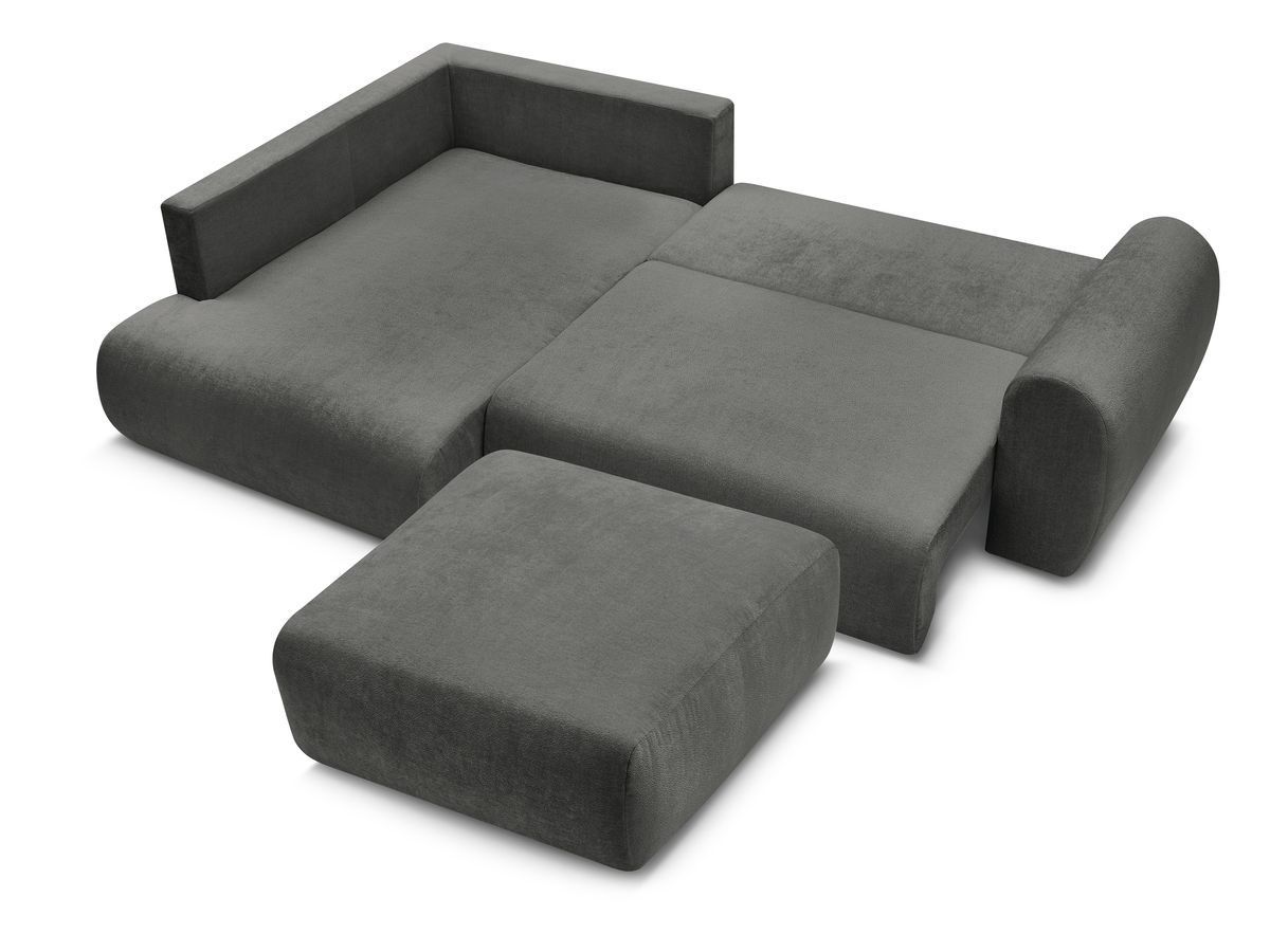 Canapé d'angle L convertible coffre LUCIEN tissu lisse avec pouf