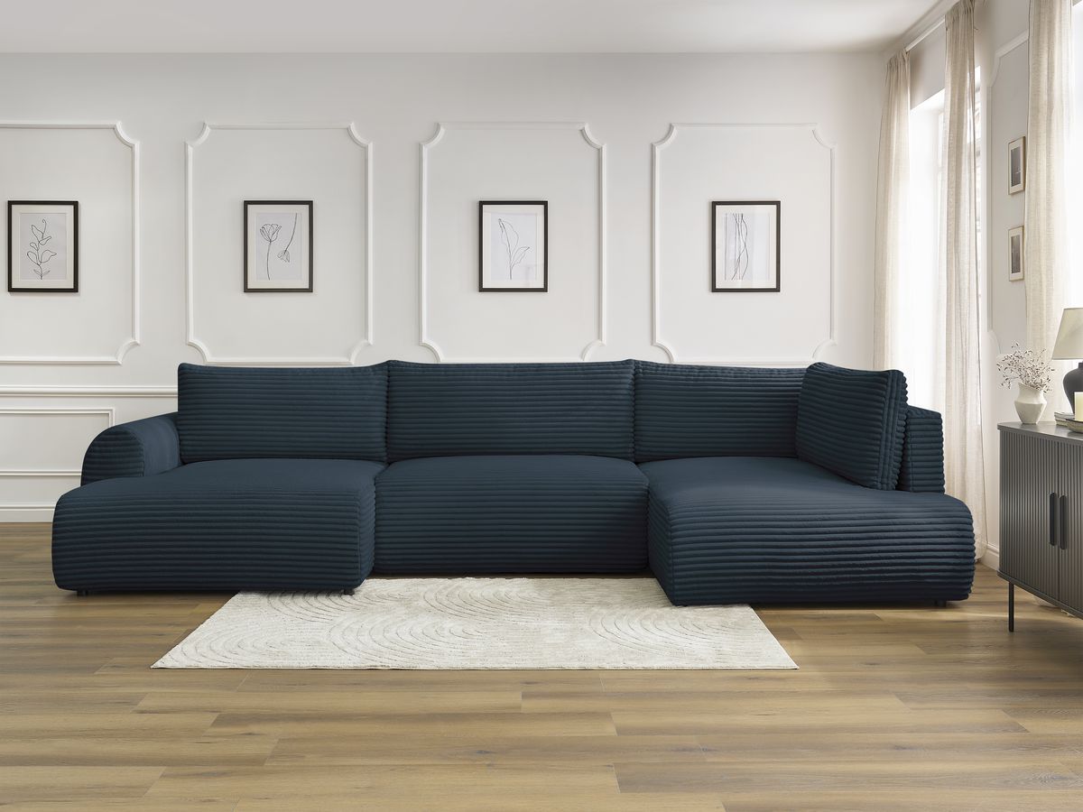 Canapé panoramique convertible coffre LUCIEN gros côtelé doux bleu foncé angle gauche BOBOCHIC 5 places - Vue supplémentaire 3