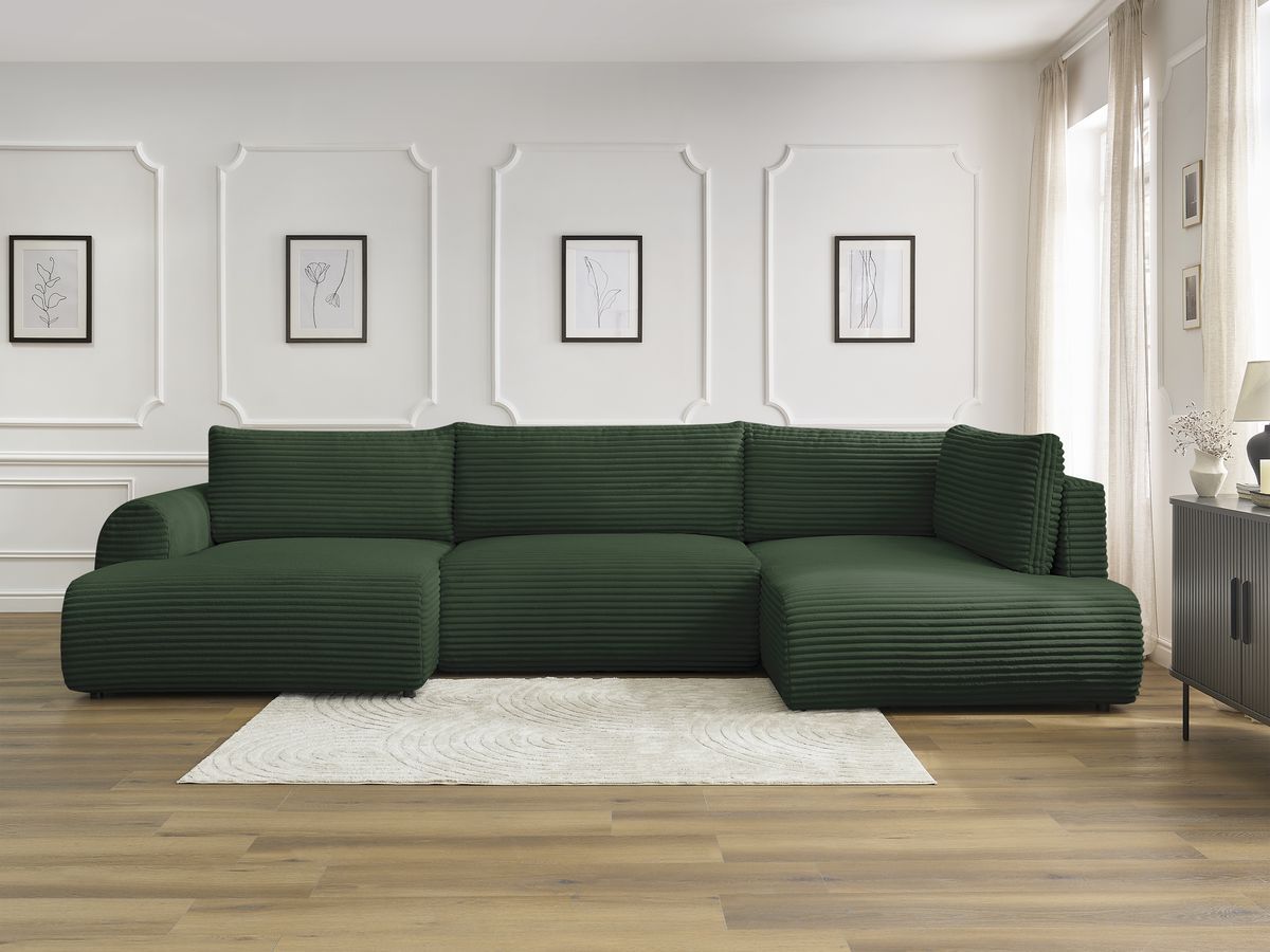 Canapé panoramique convertible coffre LUCIEN gros côtelé doux vert angle gauche BOBOCHIC 5 places - Vue supplémentaire 3