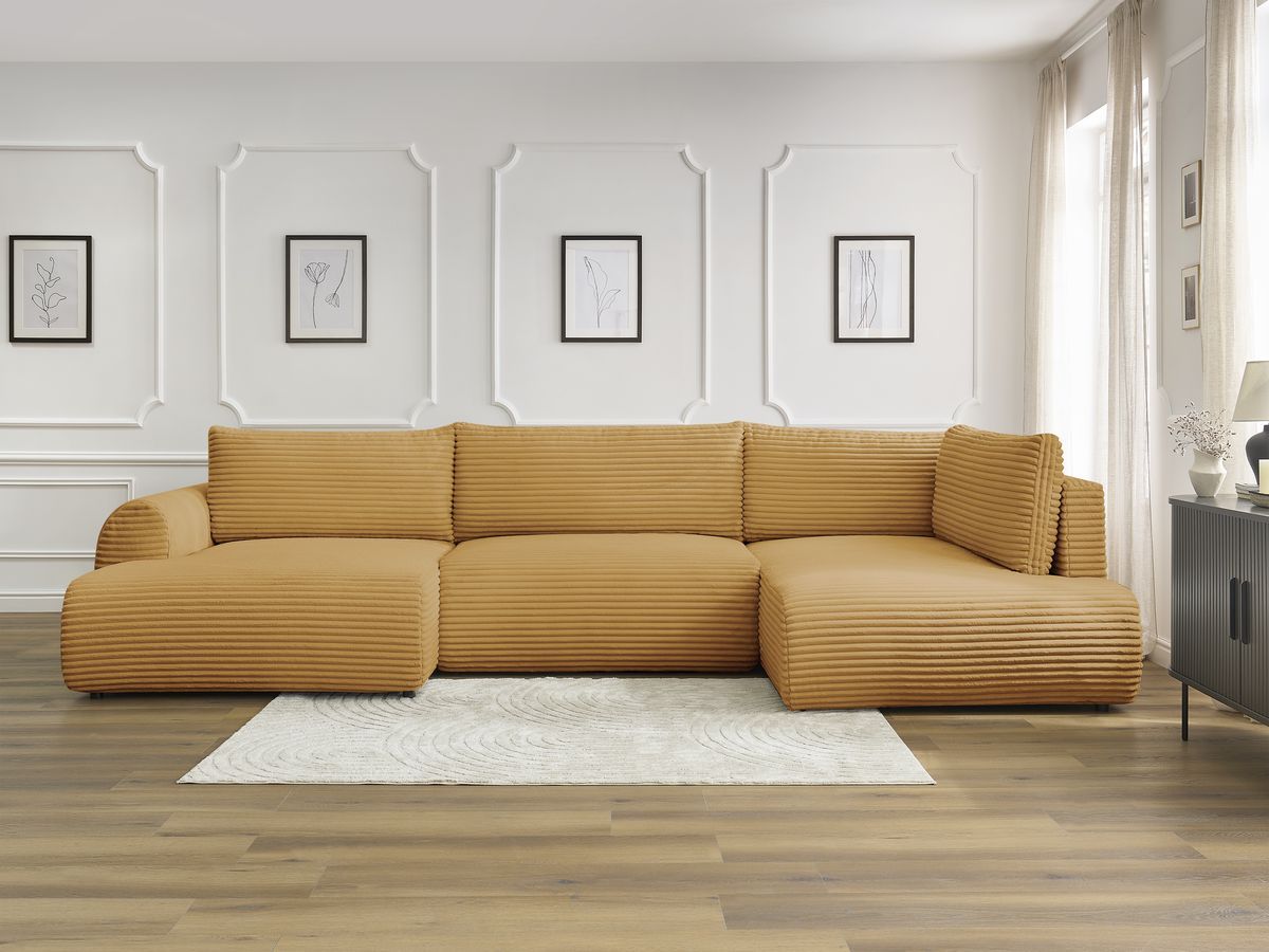 Canapé panoramique convertible coffre LUCIEN gros côtelé doux jaune angle gauche BOBOCHIC 5 places - Vue supplémentaire 3