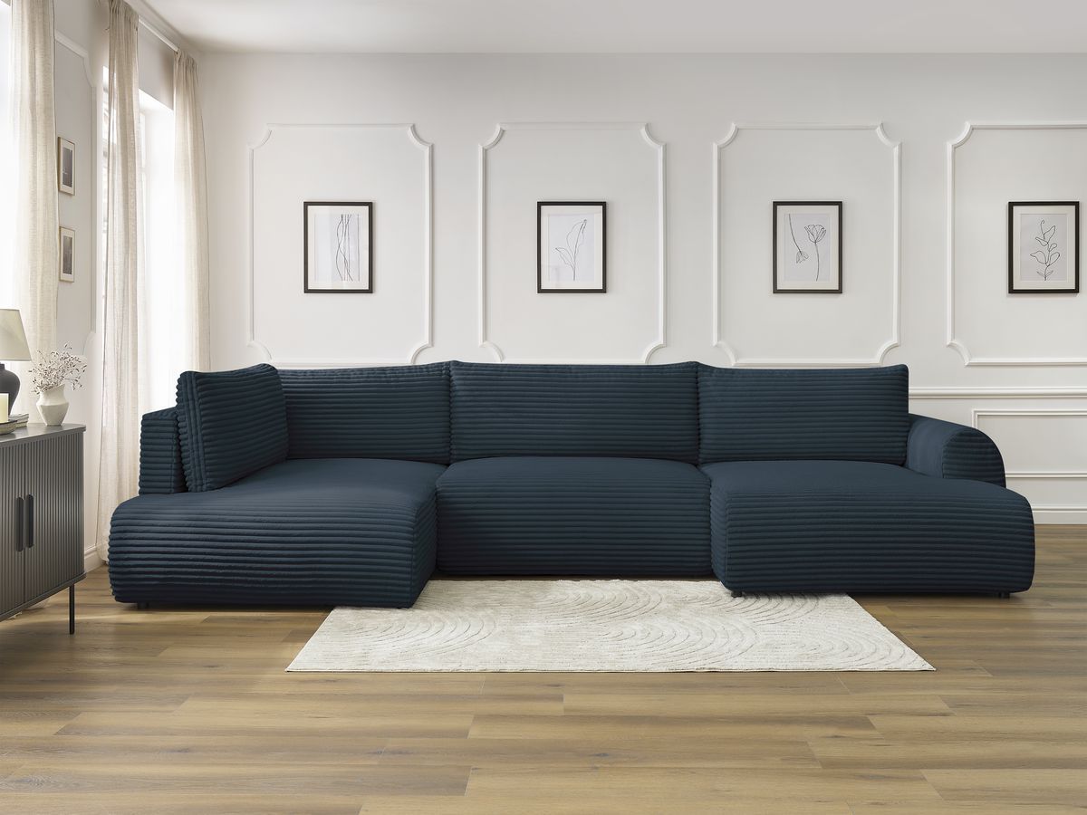 Canapé panoramique convertible coffre LUCIEN gros côtelé doux bleu foncé — vue 5