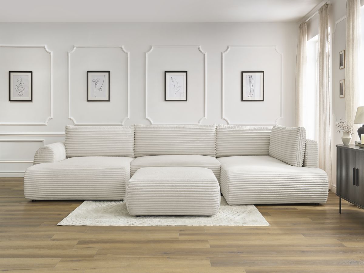 Canapé panoramique convertible coffre LUCIEN gros côtelé doux avec pouf beige angle gauche BOBOCHIC 6 places - Vue supplémentaire 3