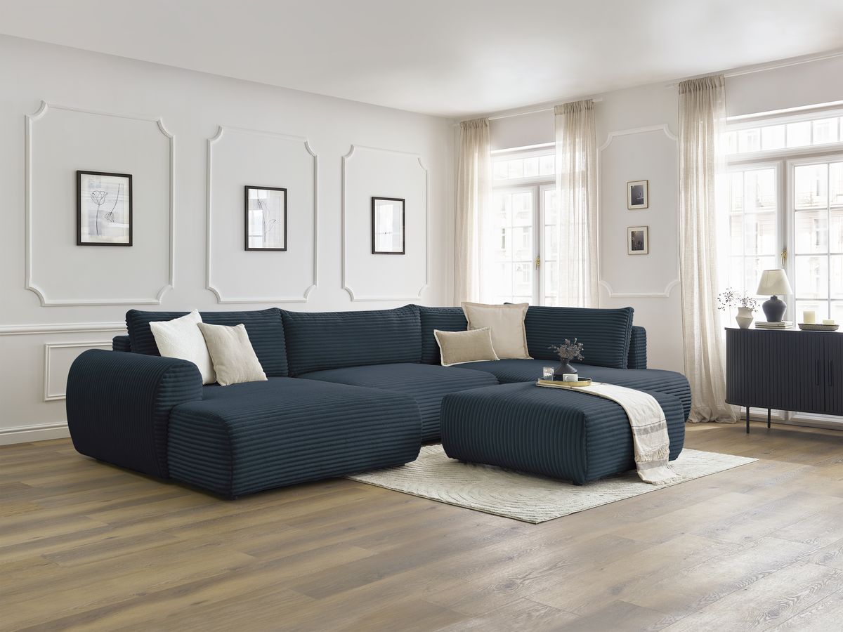Canapé panoramique convertible coffre LUCIEN gros côtelé doux avec pouf