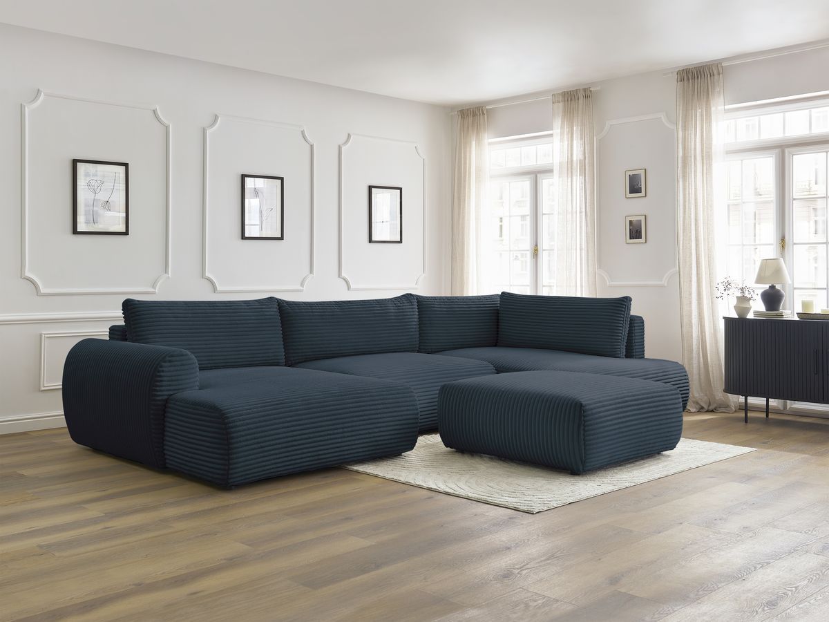 Canapé panoramique convertible coffre LUCIEN gros côtelé doux avec pouf