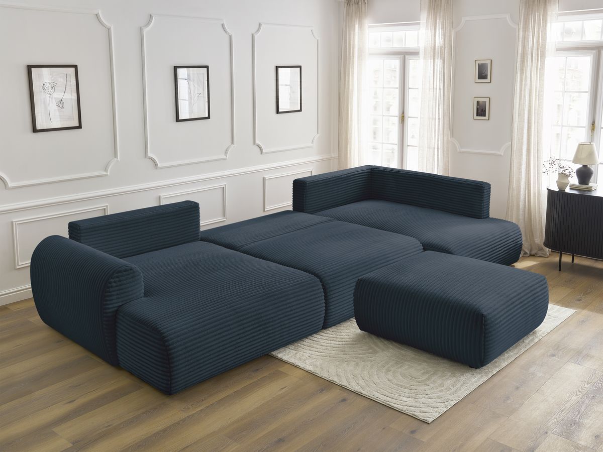 Canapé panoramique convertible coffre LUCIEN gros côtelé doux avec pouf