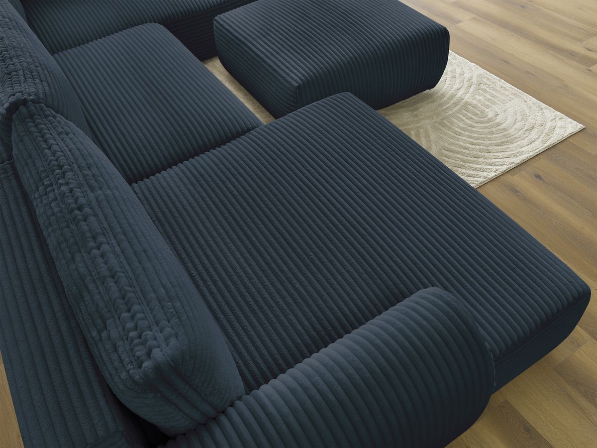 Canapé panoramique convertible coffre LUCIEN gros côtelé doux avec pouf