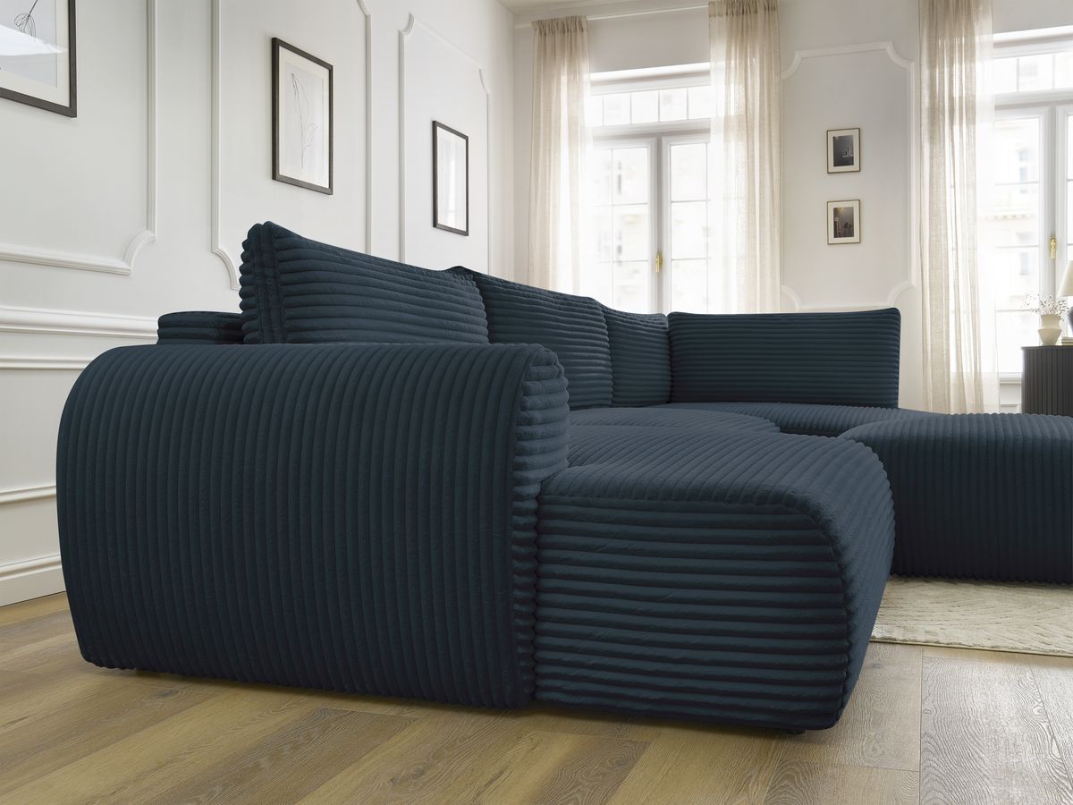 Canapé panoramique convertible coffre LUCIEN gros côtelé doux avec pouf