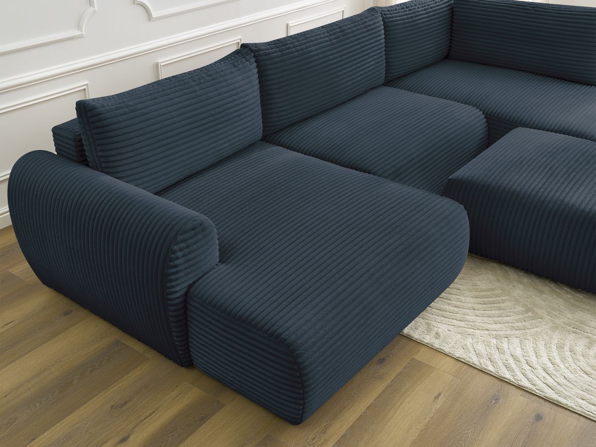 Canapé panoramique convertible coffre LUCIEN gros côtelé doux avec pouf