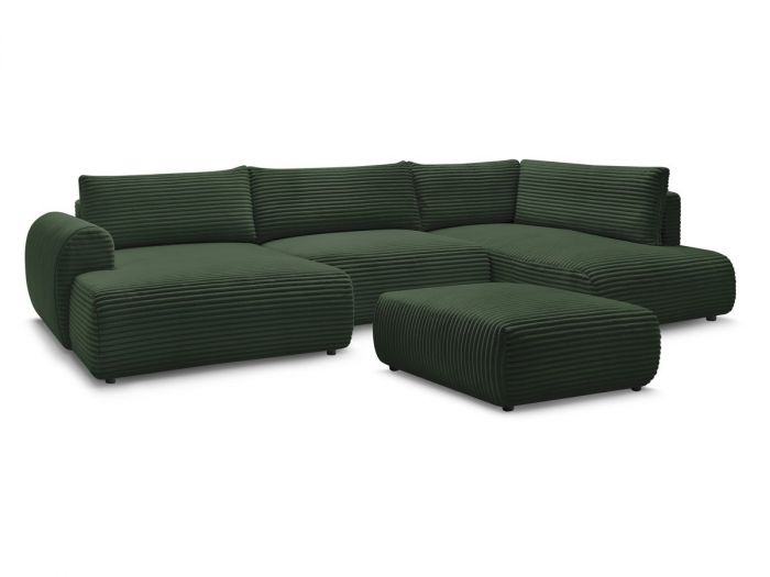 Canapé panoramique convertible coffre LUCIEN gros côtelé doux avec pouf
