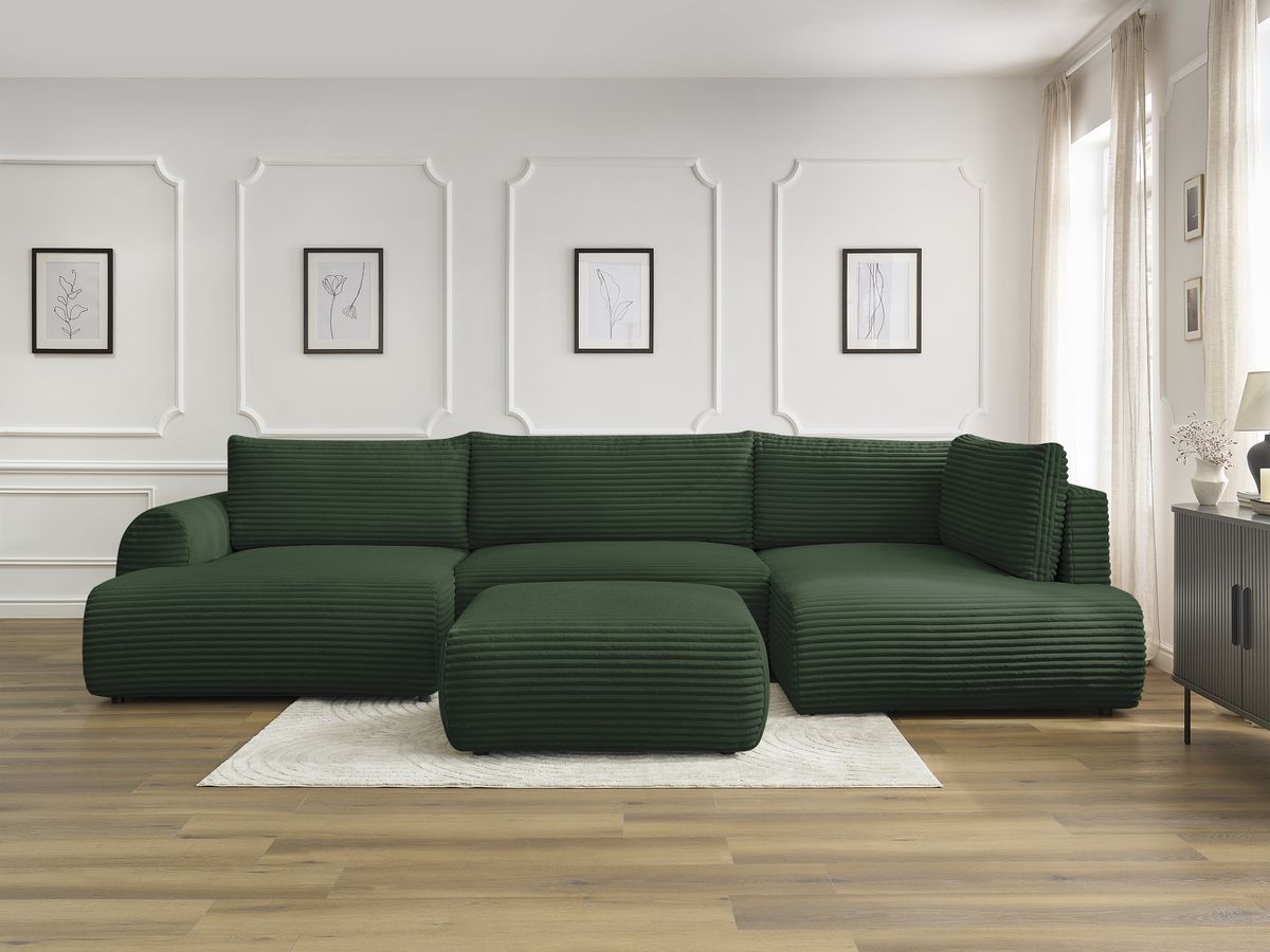 Canapé panoramique convertible coffre LUCIEN gros côtelé doux avec pouf vert angle gauche BOBOCHIC 6 places - Vue supplémentaire 3