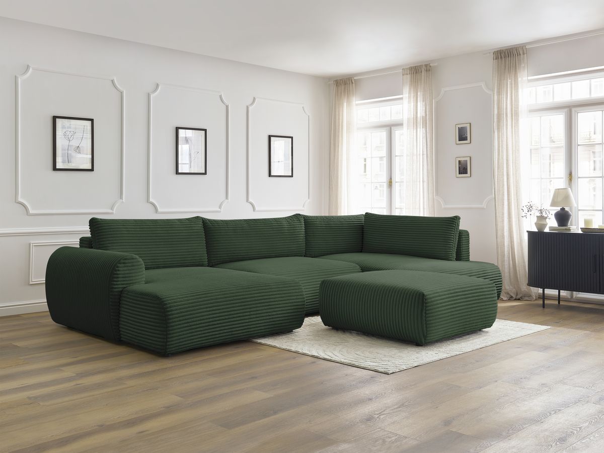 LUCIEN panoramische slaapbank met opbergruimte, groot zacht geribbeld design en poef