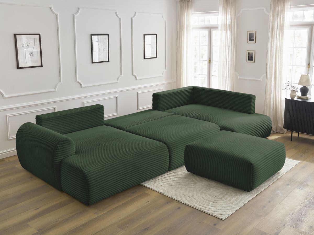 LUCIEN panoramische slaapbank met opbergruimte, groot zacht geribbeld design en poef