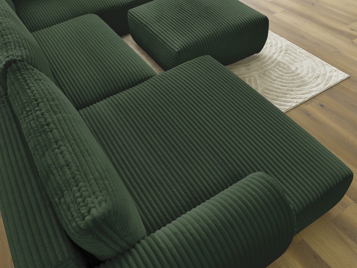 LUCIEN panoramische slaapbank met opbergruimte, groot zacht geribbeld design en poef