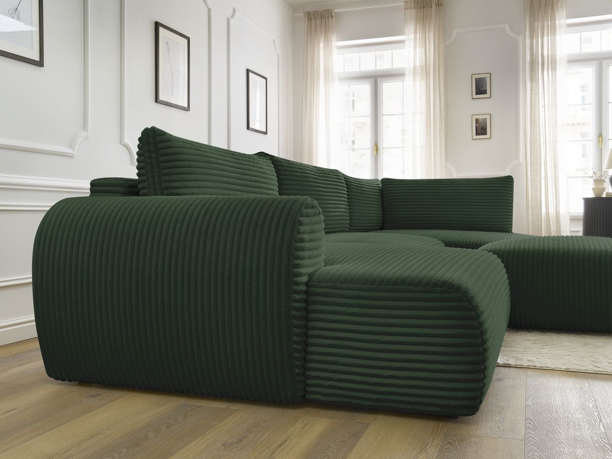 LUCIEN panoramische slaapbank met opbergruimte, groot zacht geribbeld design en poef