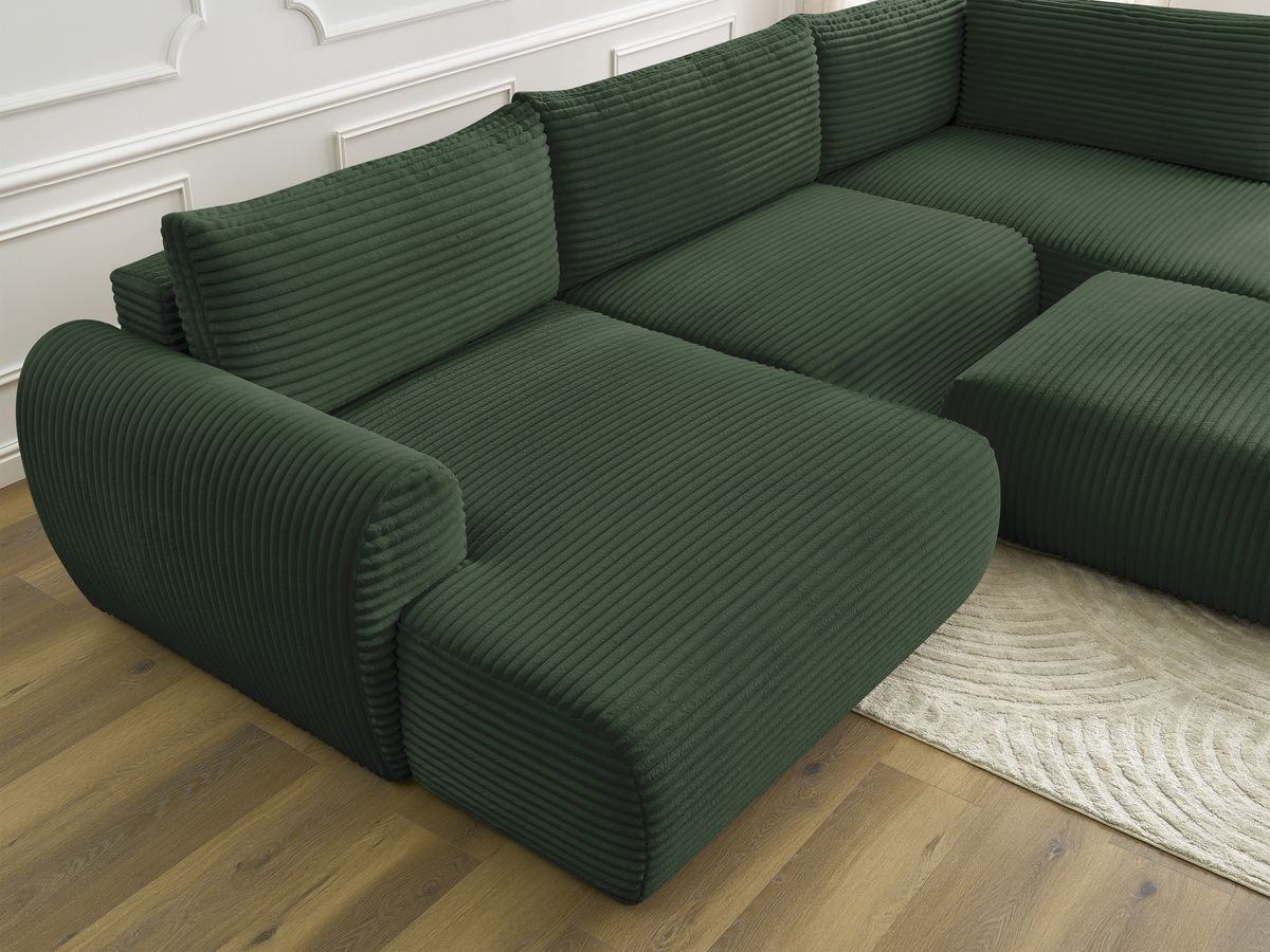 LUCIEN panoramische slaapbank met opbergruimte, groot zacht geribbeld design en poef