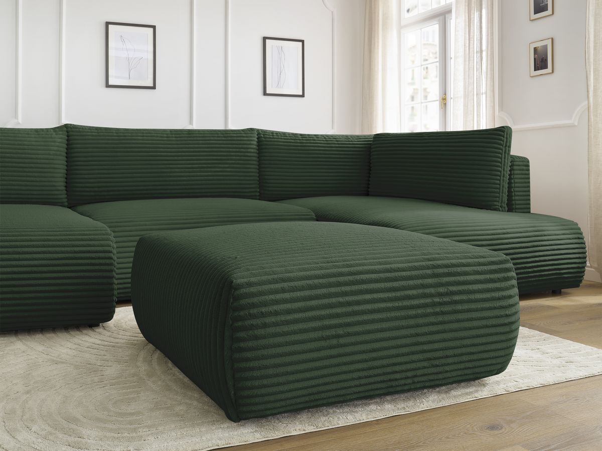 LUCIEN panoramische slaapbank met opbergruimte, groot zacht geribbeld design en poef