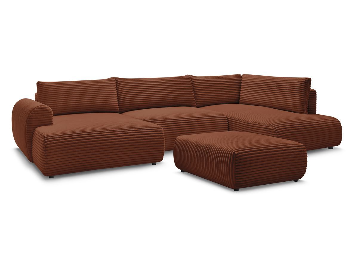 Canapé panoramique convertible coffre LUCIEN gros côtelé doux avec pouf
