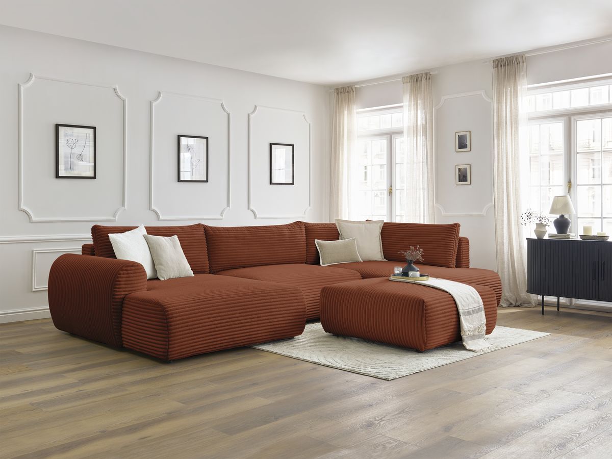 Canapé panoramique convertible coffre LUCIEN gros côtelé doux avec pouf