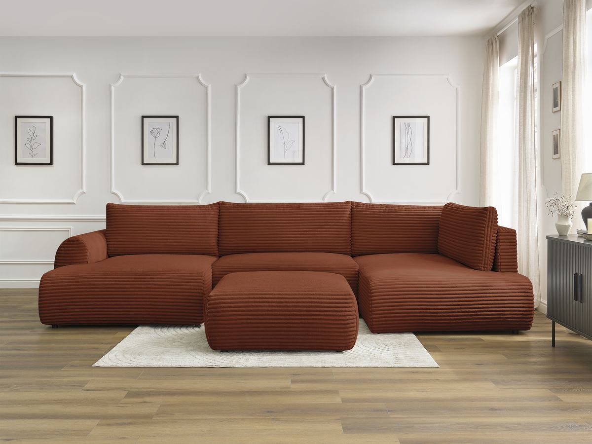 Canapé panoramique convertible coffre LUCIEN gros côtelé doux avec pouf orange angle gauche BOBOCHIC 6 places - Vue supplémentaire 3