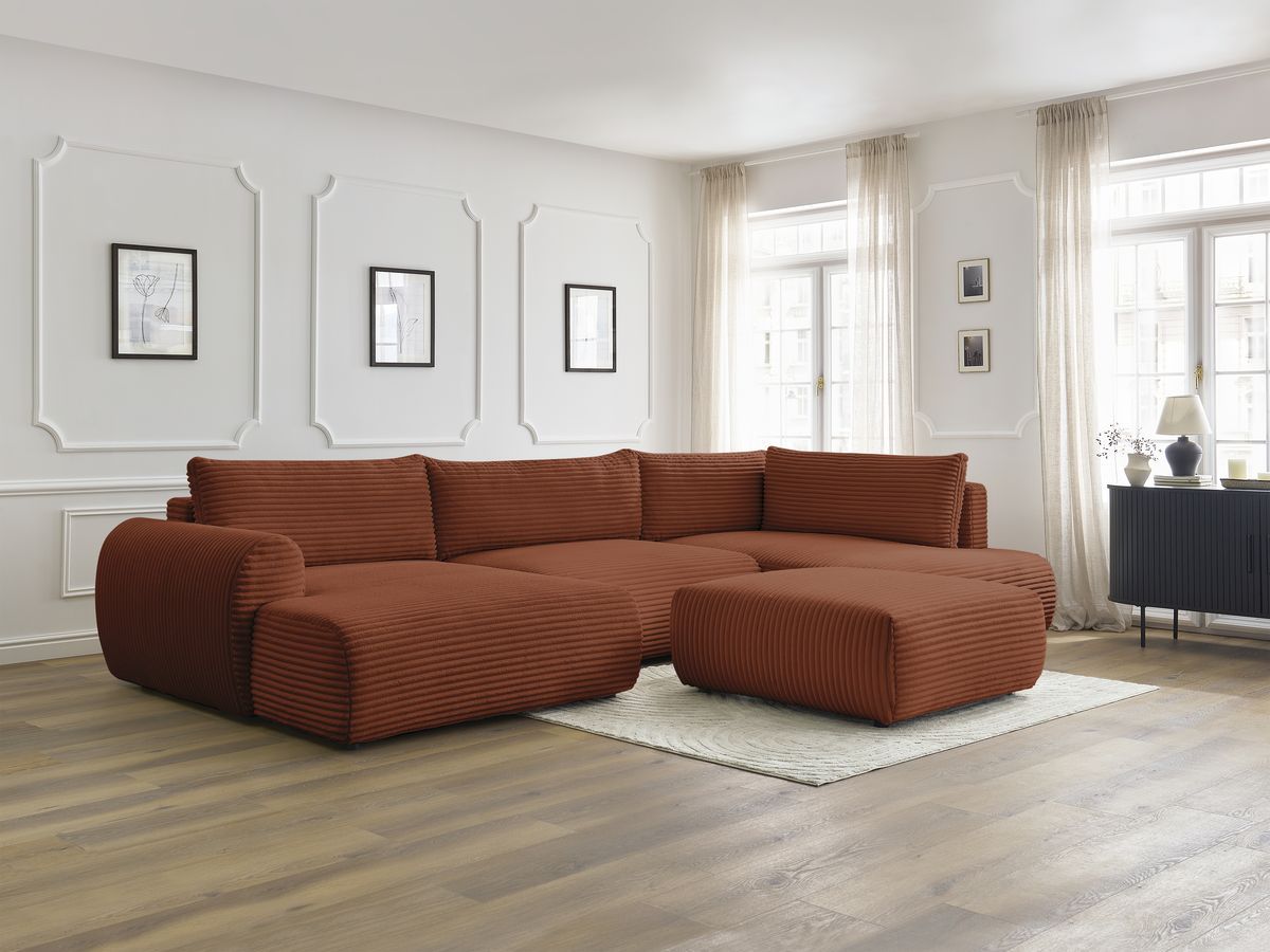 Canapé panoramique convertible coffre LUCIEN gros côtelé doux avec pouf