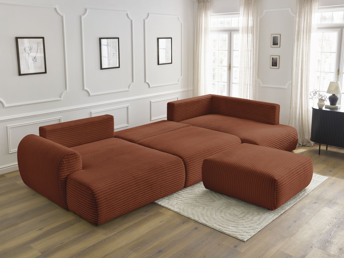 Canapé panoramique convertible coffre LUCIEN gros côtelé doux avec pouf
