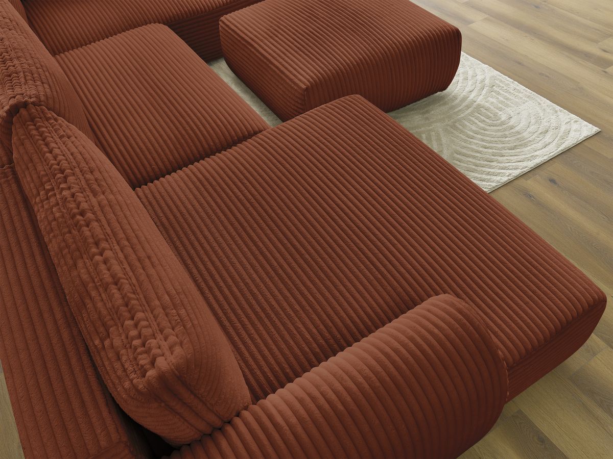 Canapé panoramique convertible coffre LUCIEN gros côtelé doux avec pouf
