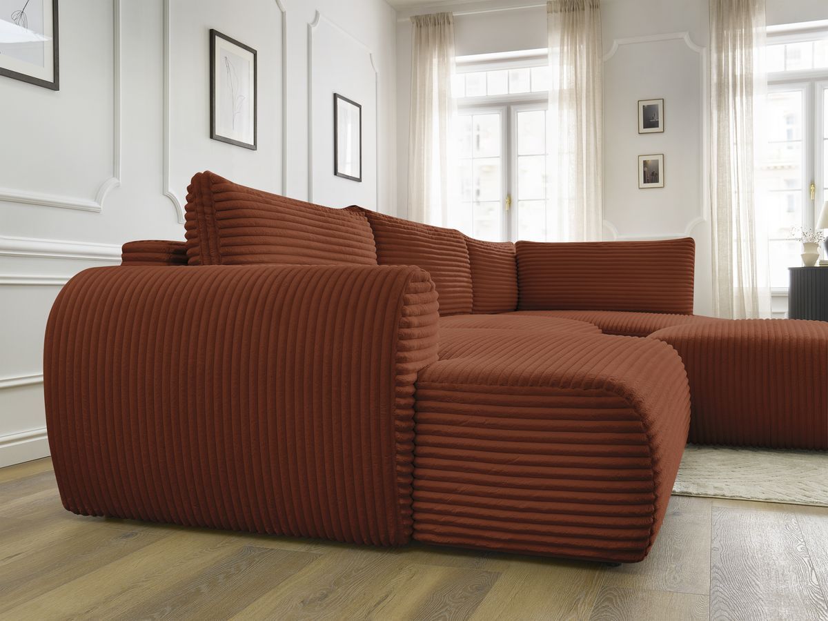 Canapé panoramique convertible coffre LUCIEN gros côtelé doux avec pouf