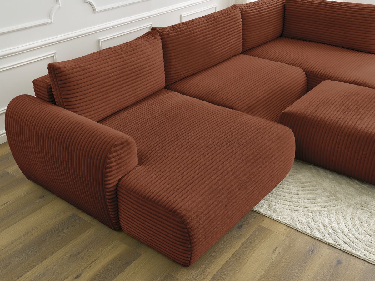 Canapé panoramique convertible coffre LUCIEN gros côtelé doux avec pouf