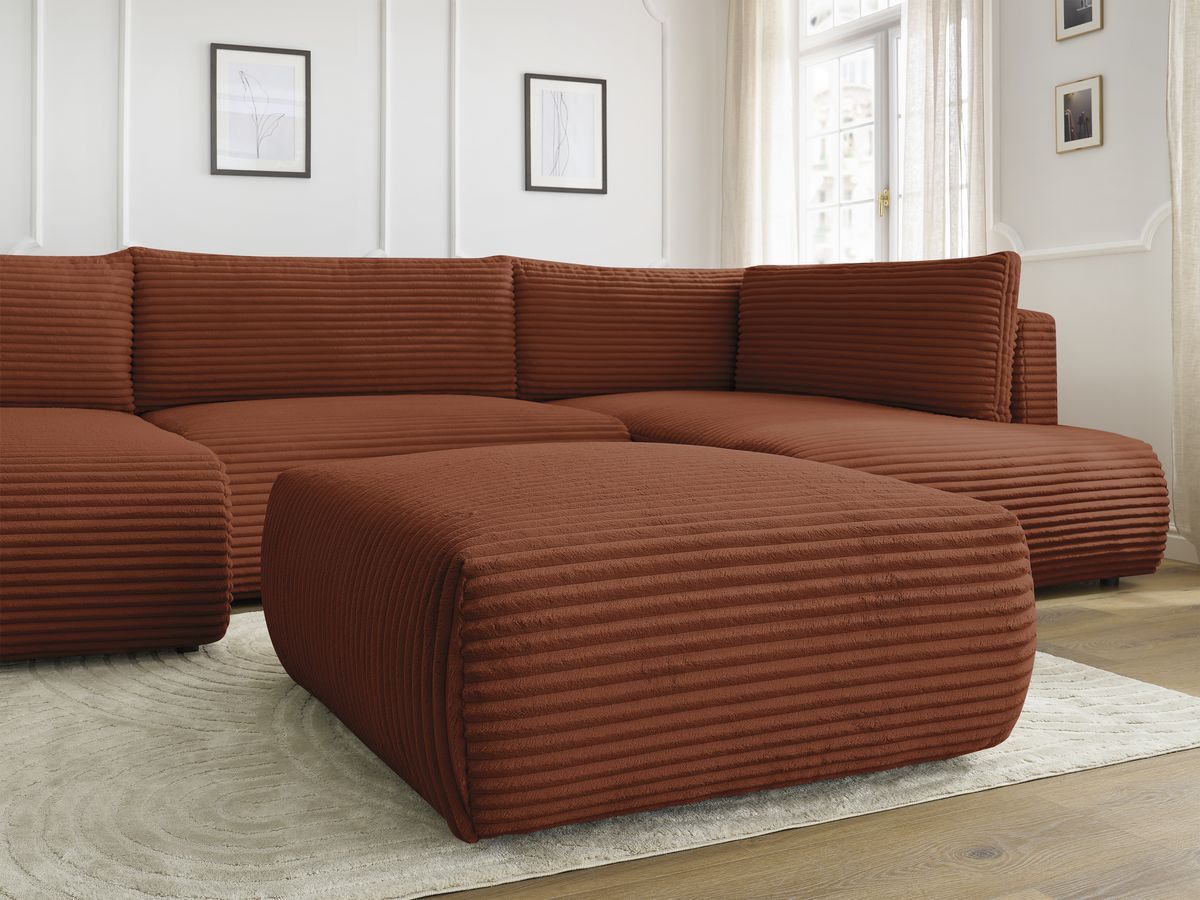 Canapé panoramique convertible coffre LUCIEN gros côtelé doux avec pouf